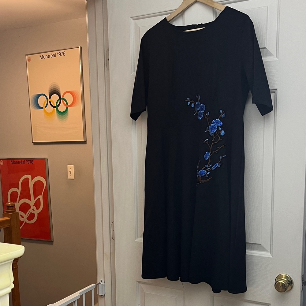 Black Fit and Flare Midi Dress With Asian Style Embroidery